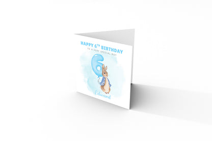 Personalised 6th Birthday Card for Boys – Cute Rabbit Design with Custom Name and Message, Age 6 Years Old Birthday Card for Kids, Children, Boy, Son, Grandson, Nephew– Blue Envelope Included