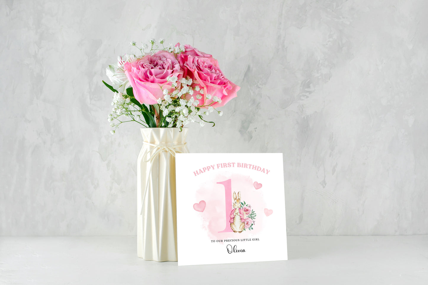 Pink Rabbit -Personalised Watercolour Effect 1 Year Birthday Folded Card for Girls, Custom Name and Message One- Year Old Happy 1st Birthday Card, Customisable Birthday Card for Children