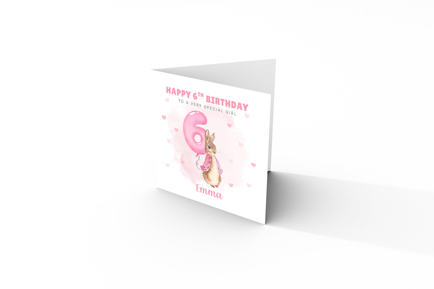 Personalised 6 Years Old 6th Birthday Card for Girls – Cute Rabbit with Custom Name & Message - Age 6 Birthday Card for Kids Children Daughter Granddaughter Niece - Pink Envelope Included