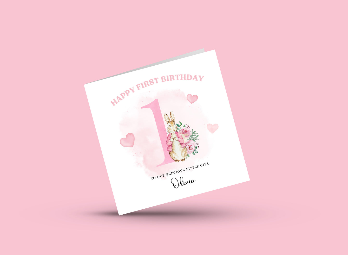 Pink Rabbit -Personalised Watercolour Effect 1 Year Birthday Folded Card for Girls, Custom Name and Message One- Year Old Happy 1st Birthday Card, Customisable Birthday Card for Children