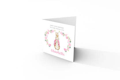 Personalised 6 Years Old 6th Birthday Card for Girls – Cute Rabbit & Wreath with Custom Name & Message - Age 6 Birthday Card for Kids Children Daughter Granddaughter Niece - Pink Envelope Included