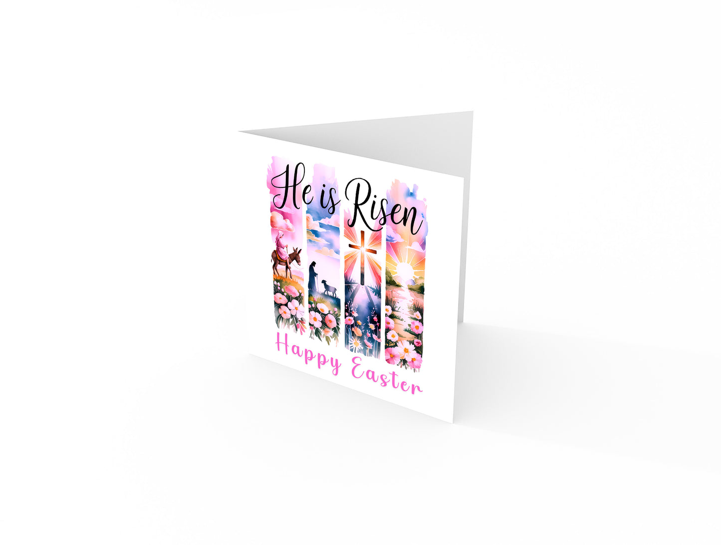 Christian Happy Easter Card – He Is Risen - Religious Easter Card with Cross and Sunrise Design– Faith Easter Greeting Card for Church, Christians, Friends, Family, Loved Ones - Pink Envelope Included