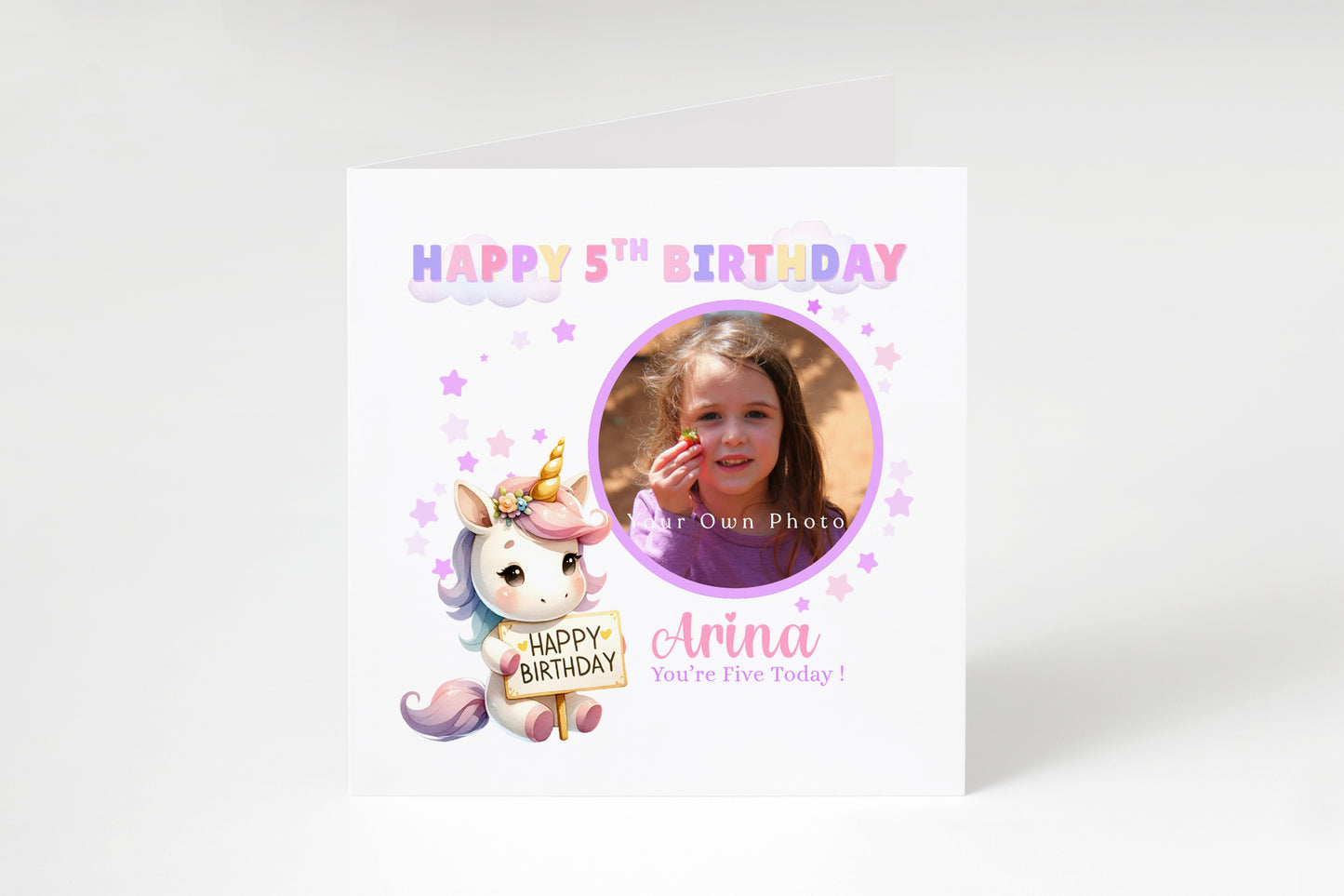 Personalised Photo 5 Years Old 5th Birthday Card for Girls – Unicorn Design with Custom Photo & Name for Age 5 Years Old Kid, Daughter, Granddaughter, Niece -  Purple Envelope Included