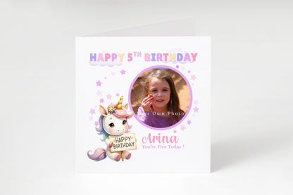 Personalised Photo 5 Years Old 5th Birthday Card for Girls – Unicorn Design with Custom Photo & Name for Age 5 Years Old Kid, Daughter, Granddaughter, Niece -  Purple Envelope Included