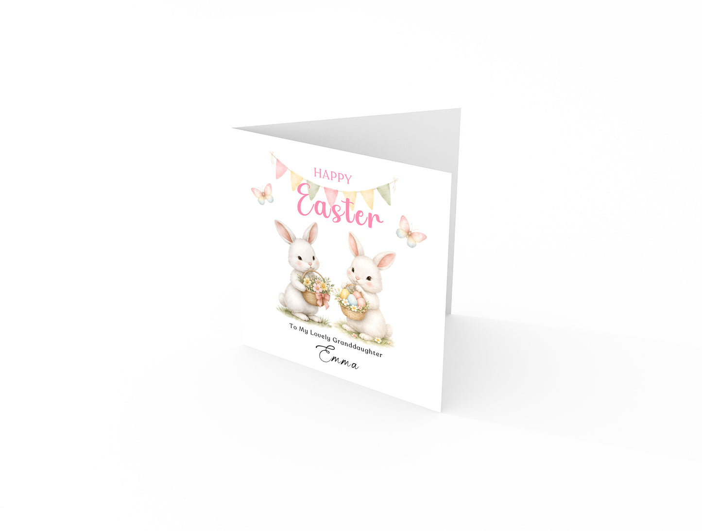 Personalised Happy Easter Card with Custom Name and Message - Two Bunnies Design for Girls,  Mum, Grandma, Auntie, Daughter, Granddaughter, Niece, Baby Girl, Little One – Pink Envelope Included