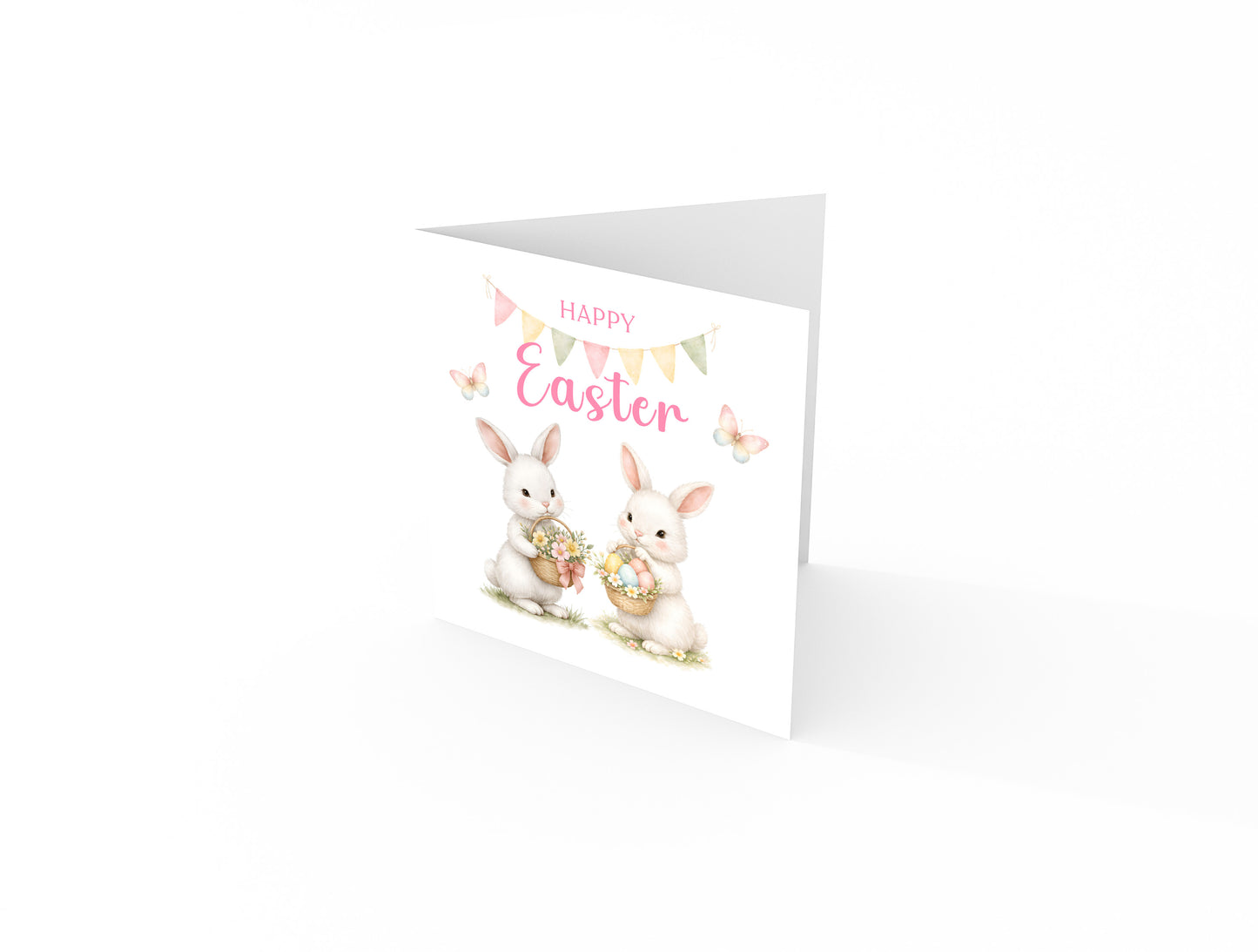 Happy Easter Card with Two Bunnies Design for Girls,  Mum, Grandma, Auntie, Daughter, Granddaughter, Niece, Baby Girl, Little One – Pink Envelope Included