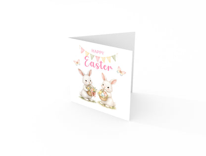 Happy Easter Card with Two Bunnies Design for Girls,  Mum, Grandma, Auntie, Daughter, Granddaughter, Niece, Baby Girl, Little One – Pink Envelope Included