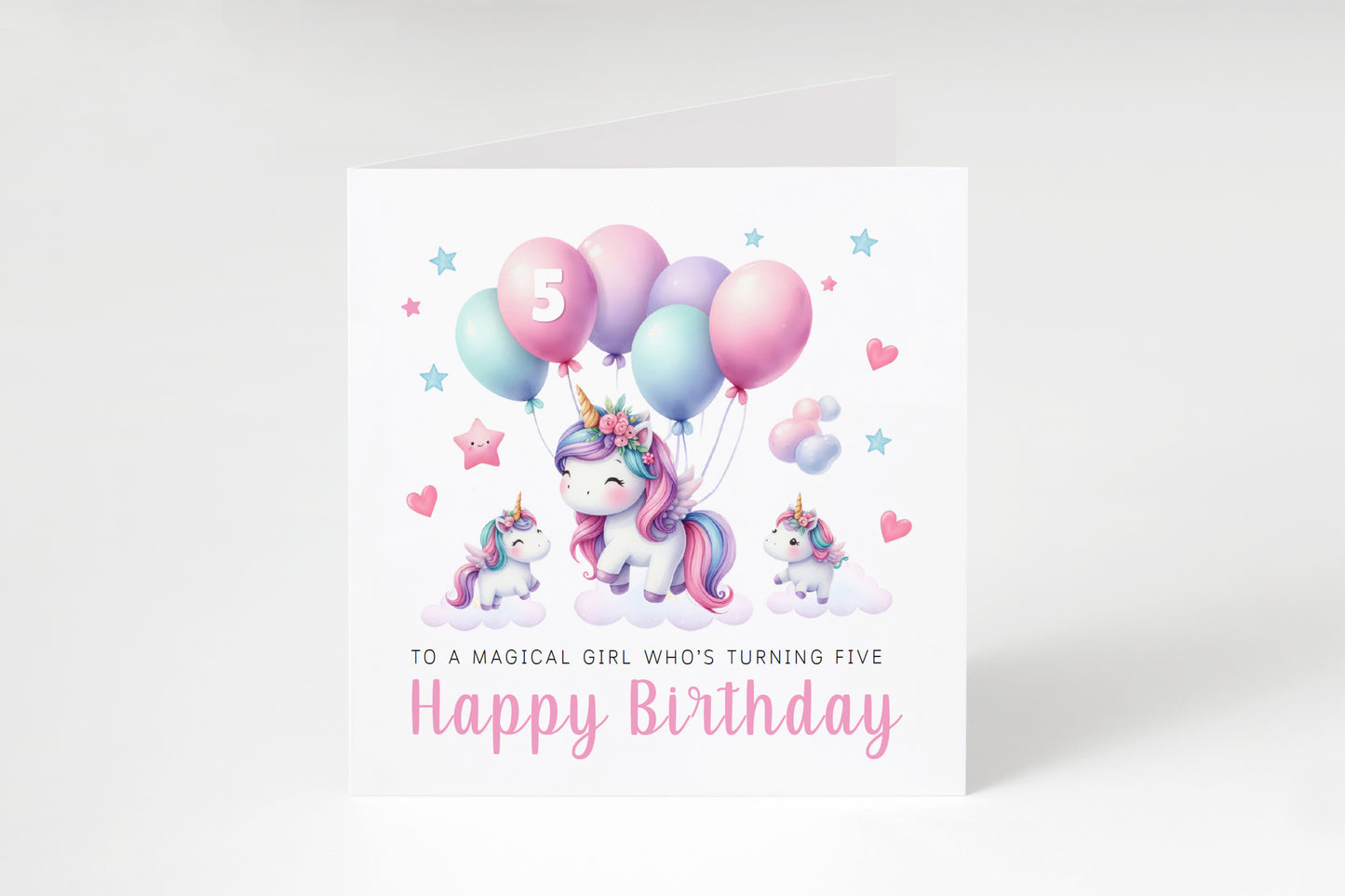 Magical Unicorn Happy Birthday Card Age 5, 5th Birthday 5 Years Old, Fifth Birthday Card for Magical Girls,  Kids, Children, Daughter, Granddaughter, Niece - Pink Envelope Included