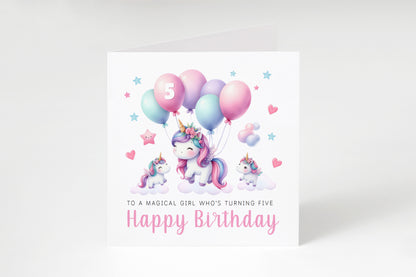 Magical Unicorn Happy Birthday Card Age 5, 5th Birthday 5 Years Old, Fifth Birthday Card for Magical Girls,  Kids, Children, Daughter, Granddaughter, Niece - Pink Envelope Included