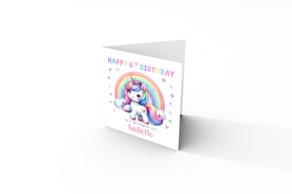 Personalised 6 Years Old 6th Birthday Card for Girls – Magical Unicorn Design with Custom Name & Message - Age 6 Birthday Card for Kids Children Daughter Granddaughter Niece - Purple Envelope Included