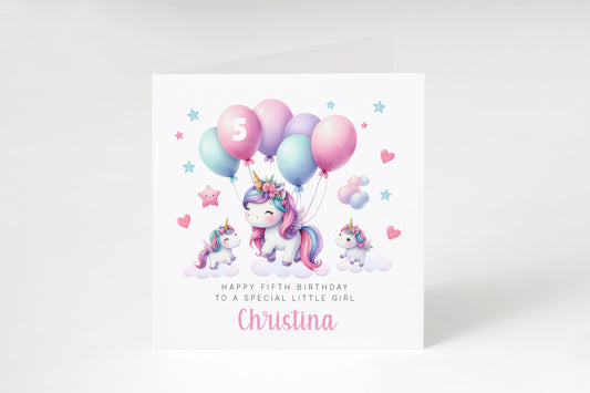 Personalised 5 Years Old 5th Birthday Card for Girls – Magical Unicorn Design with Custom Name & Message - Age 5 Birthday Card for Kids Children Daughter Granddaughter Niece - Pink Envelope Included
