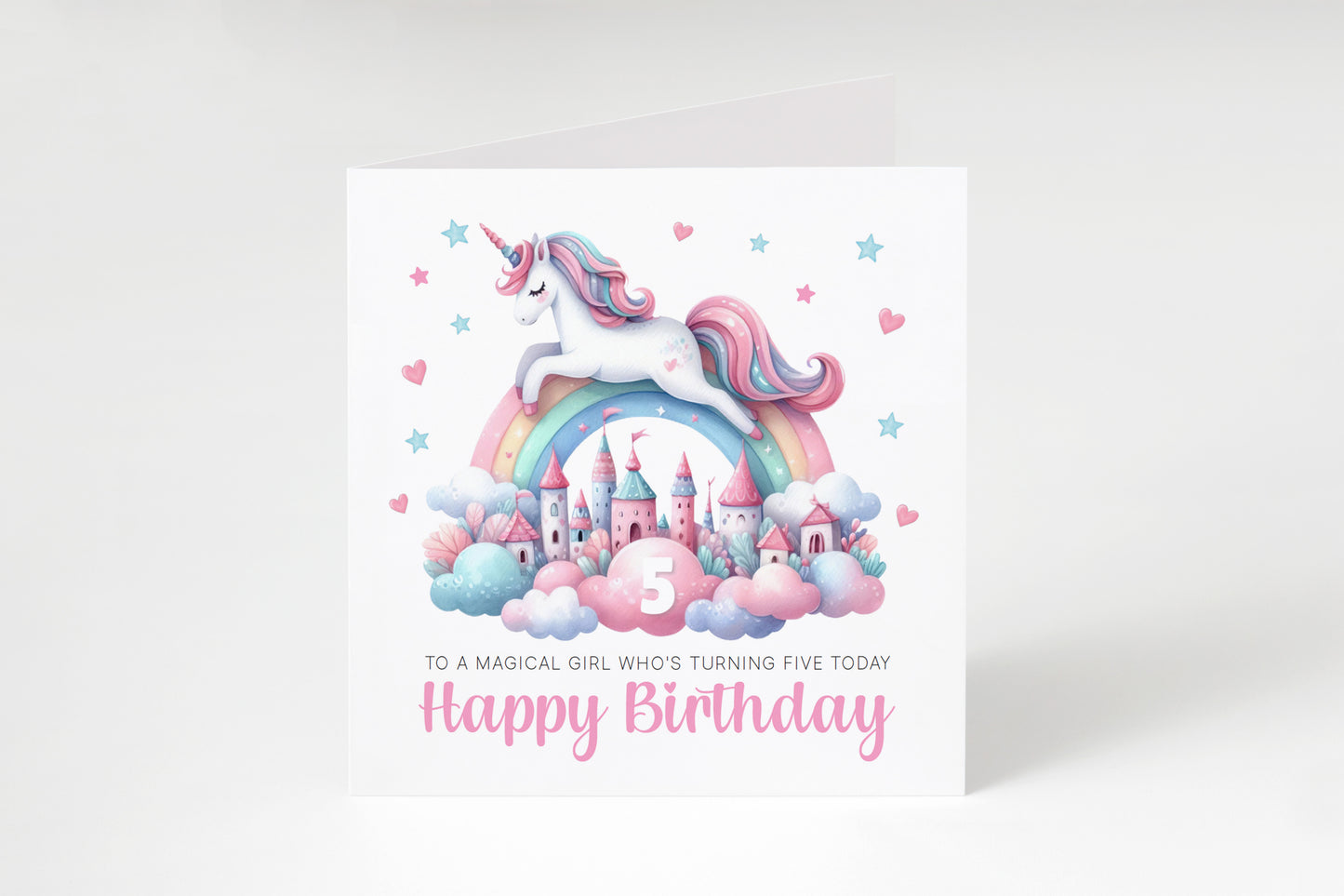 Magical Unicorn Happy Birthday Card Age 5, 5th Birthday 5 Years Old, Fifth Birthday Card for Magical Girls,  Kids, Children, Daughter, Granddaughter, Niece - Pink Envelope Included