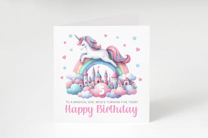 Magical Unicorn Happy Birthday Card Age 5, 5th Birthday 5 Years Old, Fifth Birthday Card for Magical Girls,  Kids, Children, Daughter, Granddaughter, Niece - Pink Envelope Included