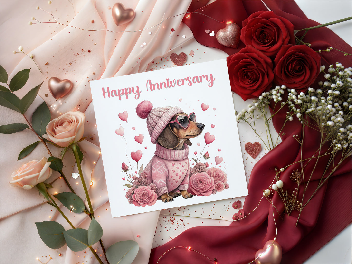 Pink Dachshund Anniversary Card - Cute Sausage Dog Design for Wedding, Dating, Relationship Milestones –1st, 2nd, 3rd, 5th, 10th, 20th - For Dog Lovers, Him, Her, Wife, Husband, Couples