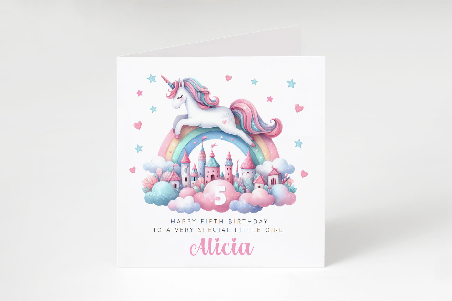 Personalised 5 Years Old 5th Birthday Card for Girls – Magical Unicorn Design with Custom Name & Message - Age 5 Birthday Card for Kids Children Daughter Granddaughter Niece - Pink Envelope Included