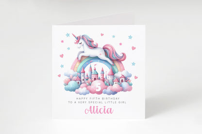 Personalised 5 Years Old 5th Birthday Card for Girls – Magical Unicorn Design with Custom Name & Message - Age 5 Birthday Card for Kids Children Daughter Granddaughter Niece - Pink Envelope Included