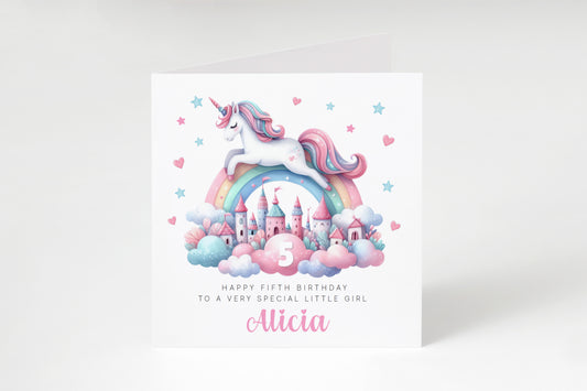 Personalised 5 Years Old 5th Birthday Card for Girls – Magical Unicorn Design with Custom Name & Message - Age 5 Birthday Card for Kids Children Daughter Granddaughter Niece - Pink Envelope Included