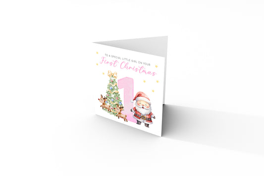 Happy 1st Christmas Card for Baby Girl– Cute Santa and Xmas Tree Design - First Xmas Card for Daughter, GrandDaughter, Niece - Pink Envelope Included