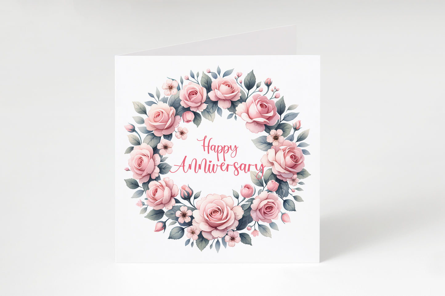 Elegant Floral Happy Anniversary Card - Romantic Pink Rose Wreath Design for Wedding, Dating, Relationship Milestones –1st, 2nd, 3rd, 5th, 10th, 20th - For Him, Her, Wife, Husband, Couples