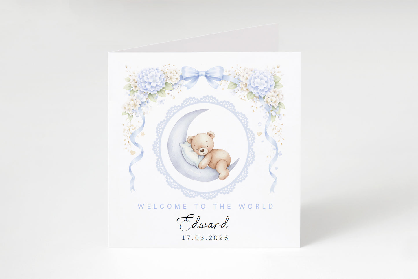 Personalised New Baby Boy Card Congratulations for Newborn Son, Grandson, Nephew, Welcome To The World Card - Cute Teddy Bear Moon Design with Custom Name and Date - Blue Envelope Included