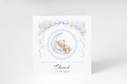 Personalised New Baby Boy Card Congratulations for Newborn Son, Grandson, Nephew, Welcome To The World Card - Cute Teddy Bear Moon Design with Custom Name and Date - Blue Envelope Included