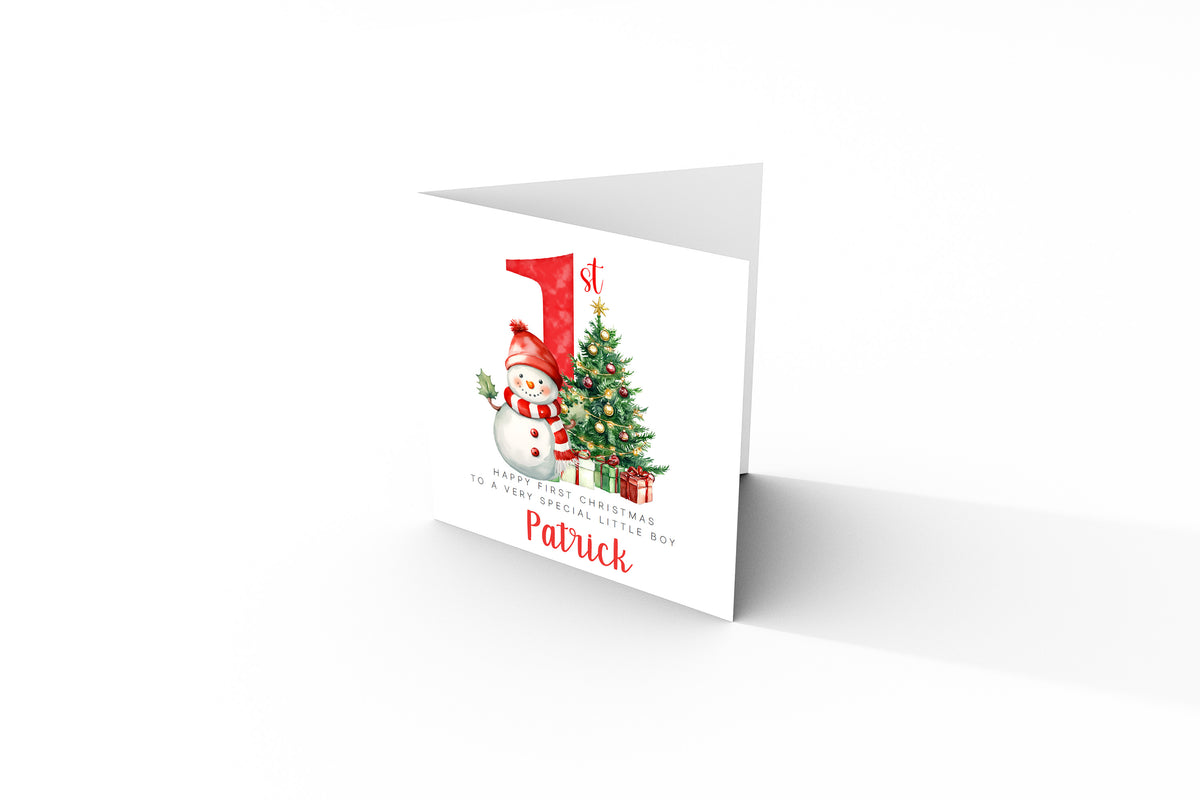 Personalised Baby Boy or Baby Girl's First Christmas Card – Snowman and Xmas Tree