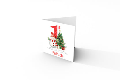 Personalised Baby Boy or Baby Girl's First Christmas Card – Snowman and Xmas Tree