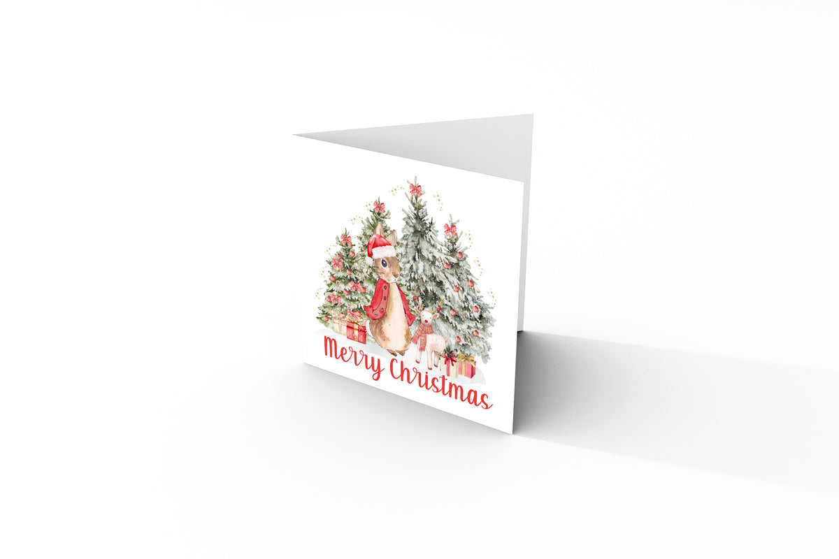 Happy Christmas Card for Girls – Red Rabbit and Christmas Trees