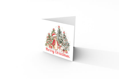 Happy Christmas Card for Girls – Red Rabbit and Christmas Trees