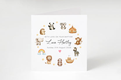 Personalised Christening Card for Boys or Girls – Cute Animals and Church Design with Custom Name and Date - Baptism Card for Son, Daughter, Grandson, Granddaughter, Nephew, Niece with Kraft Envelope