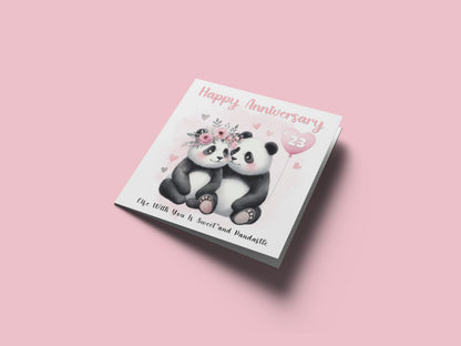 Personalised Panda Couple Anniversary Card - Custom Anniversary Years for Wedding, Dating, Relationship Milestones 1st, 2nd, 20th - For Him, Her, Wife, Husband, Couples - Pink Envelope Included