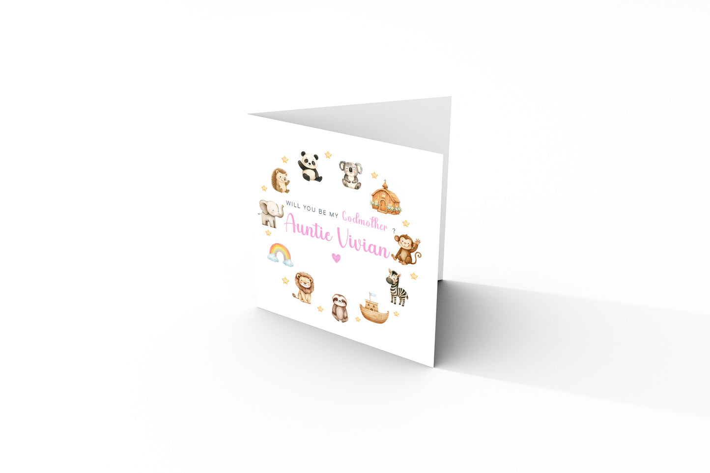 Personalised Godmother Proposal Card -  Will You Be My Godmother Card - Cute Animals Godmother Ask Card - Personalised Baptism Christening Day Proposal Card - Pink Envelope Included