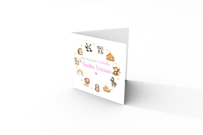 Personalised Godmother Proposal Card -  Will You Be My Godmother Card - Cute Animals Godmother Ask Card - Personalised Baptism Christening Day Proposal Card - Pink Envelope Included