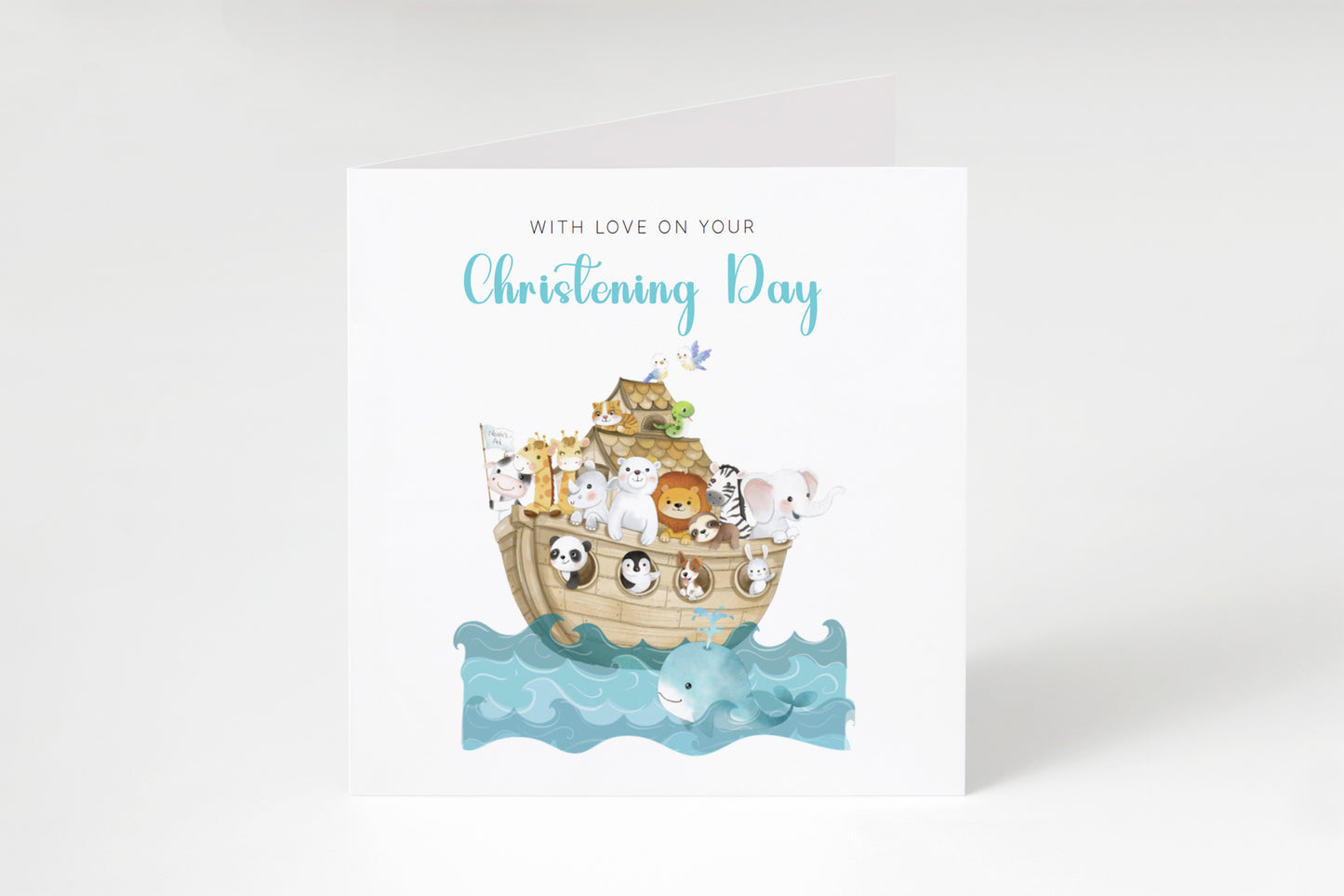 Christening Card for Boy or Girl – Noah’s Ark Design – With Love on Your Christening Day -  Religious Baptism Card for Son, Daughter, Grandson, Granddaughter, Nephew, Niece with Blue Envelope