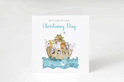 Christening Card for Boy or Girl – Noah’s Ark Design – With Love on Your Christening Day -  Religious Baptism Card for Son, Daughter, Grandson, Granddaughter, Nephew, Niece with Blue Envelope
