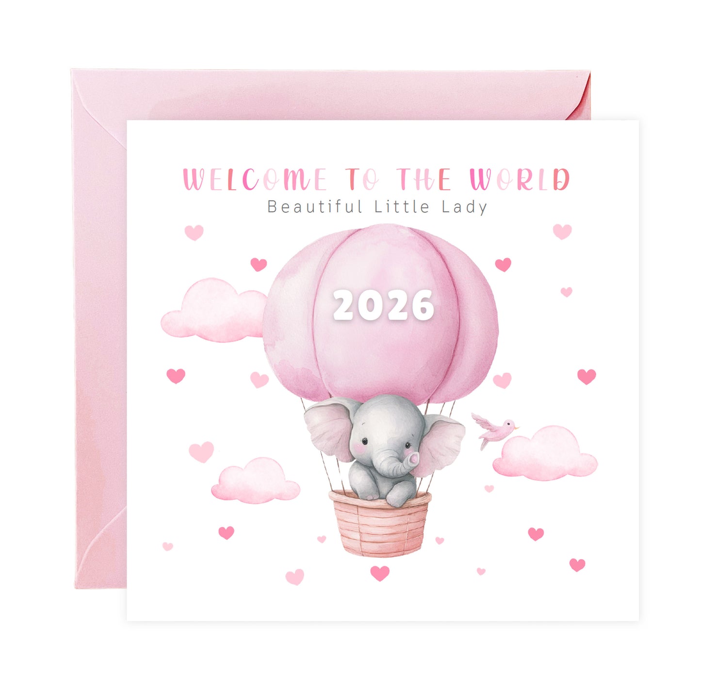 2026 New Baby Girl Card Congratulations for Newborn Daughter, Granddaughter, Niece, Little One - Welcome To The World Card with Elephant and Hot Air Balloon Design - Pink Envelope Included