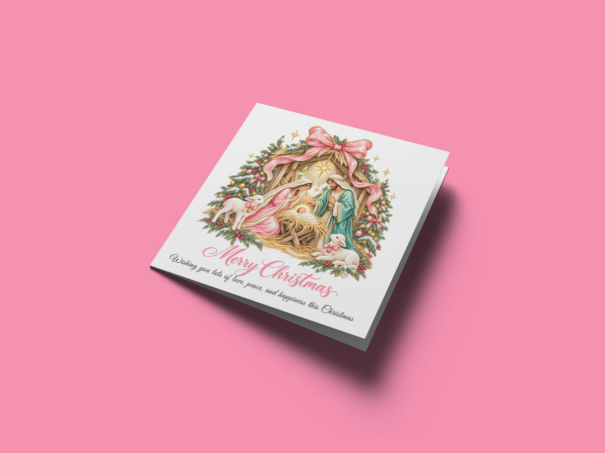 Pink Bow Nativity Christmas Card – Christian Greeting Card