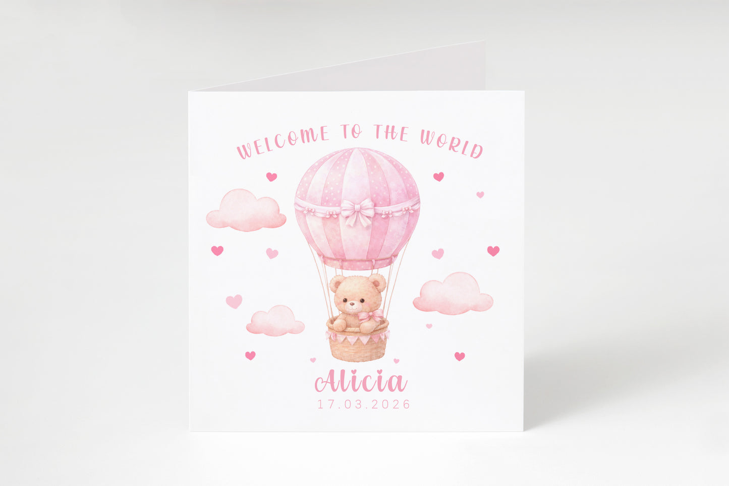 Personalised New Baby Girl Card Congratulations for Newborn Daughter, Granddaughter, Niece - Welcome To The World Card with Teddy Bear & Hot Air Balloon Design - Custom Name & Date with Pink Envelope