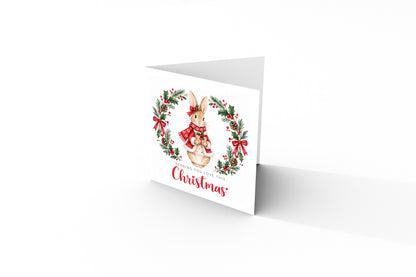 Merry Christmas Card for Girls – Festive Bunny and Xmas Wreath