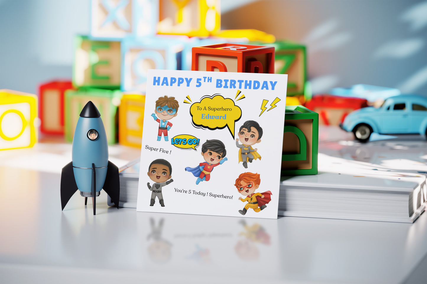 Personalised Superhero 5th Birthday Card for Boys – Superheros Design with Custom Name for Age 5 Years Old, Fifth Birthday Kids, Little Birthday Hero, Son, Grandson, Nephew –  Blue Envelope Included
