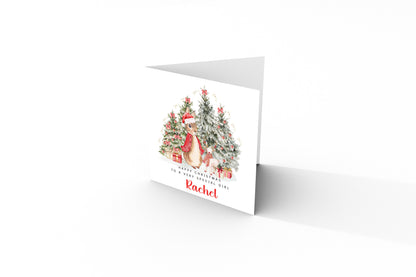 Personalised Christmas Card for Girls – Red Rabbit and Christmas Trees