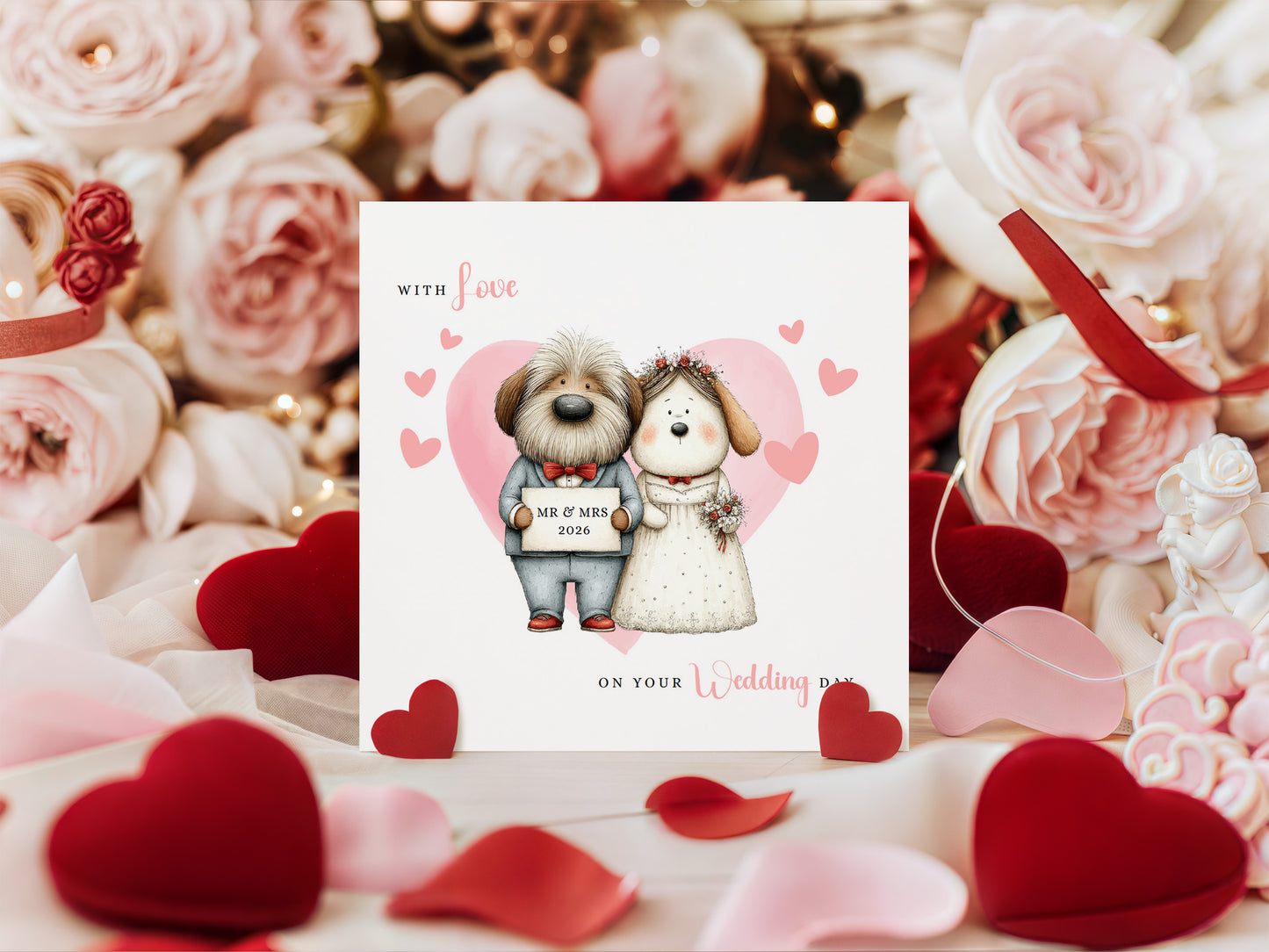 Cute Dog Wedding Card – Wedding Congratulations Card – Adorable Animal Wedding Card – Romantic Wedding Day Card for Newlywed couples, Dog Lovers, Him or Her – Pink Envelope Included