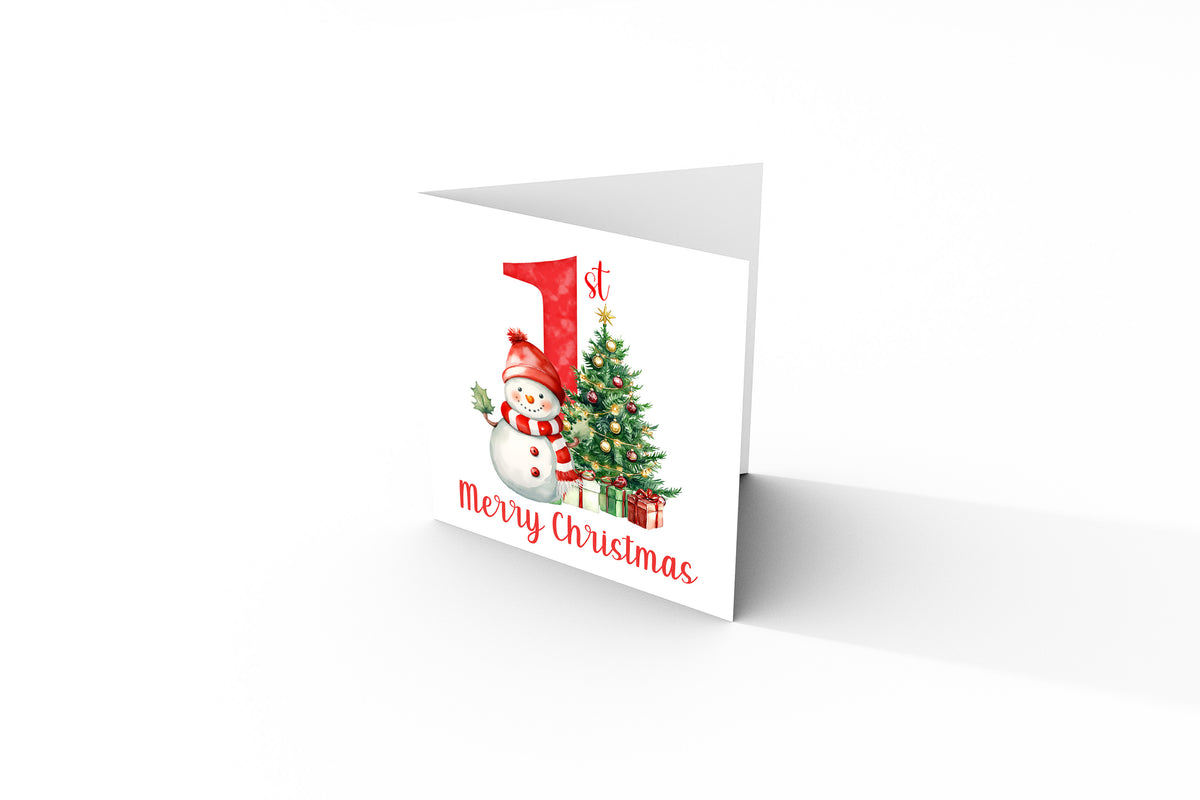 Happy Baby Boy or Baby Girl's First Christmas Card – Snowman and Xmas Tree