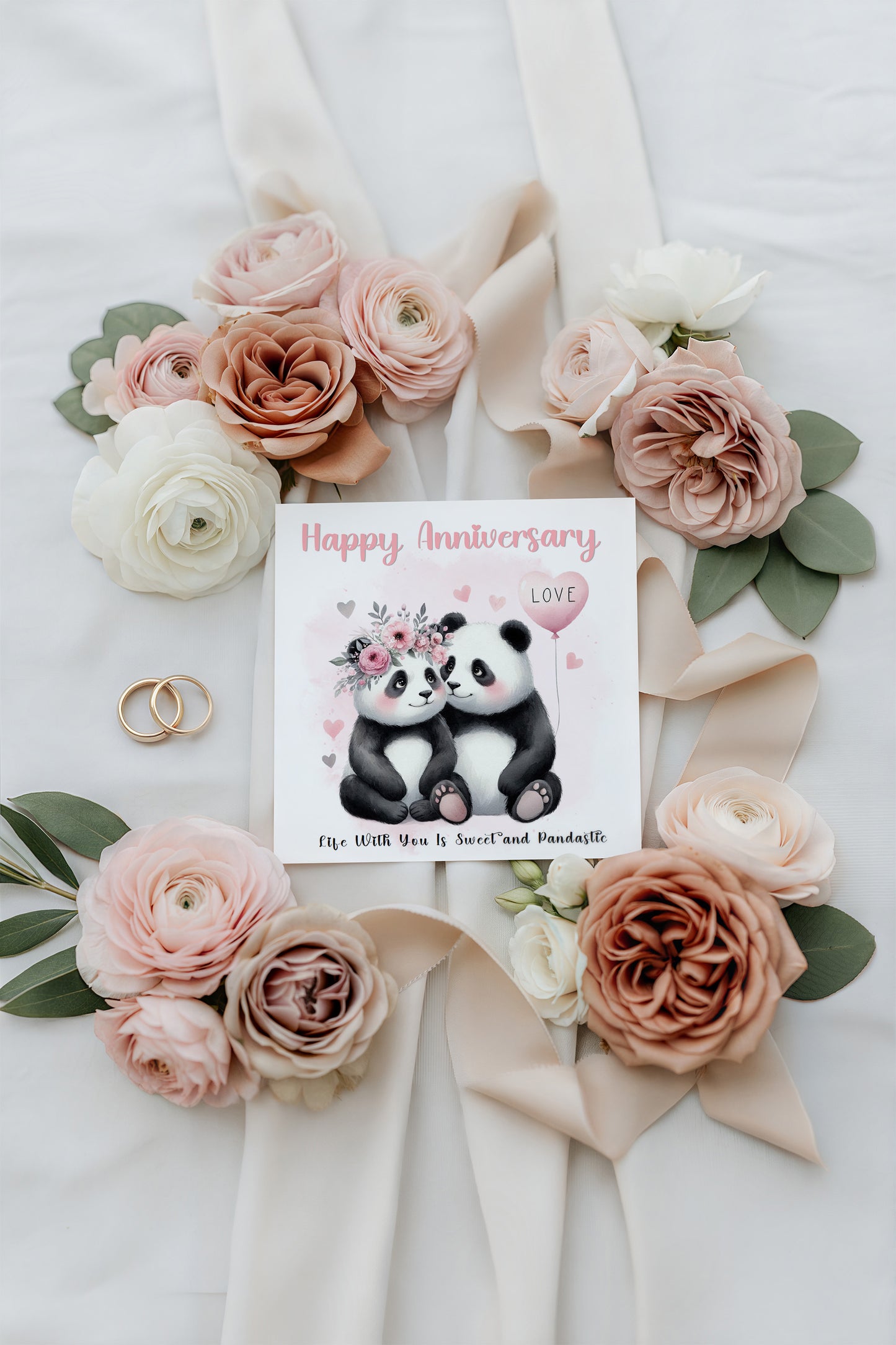 Cute Panda Couple Anniversary Card for Wedding, Dating, Relationship Milestones 1st, 2nd, 3rd, 5th, 10th, 20th 30th - For Him, Her, Wife, Husband, Couples - Pink Envelope Included
