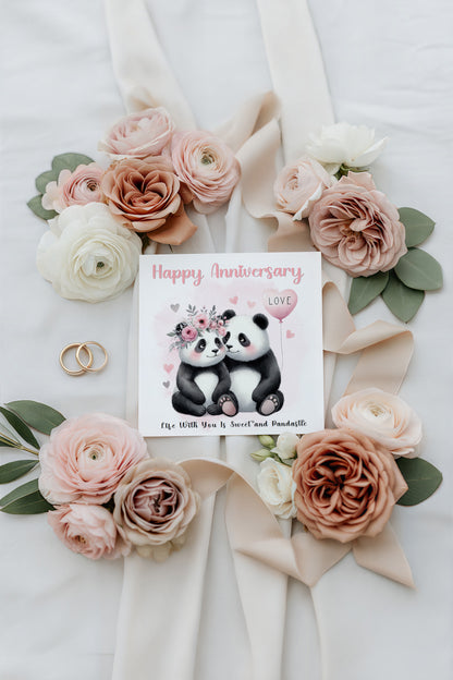 Cute Panda Couple Anniversary Card for Wedding, Dating, Relationship Milestones 1st, 2nd, 3rd, 5th, 10th, 20th 30th - For Him, Her, Wife, Husband, Couples - Pink Envelope Included