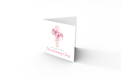 Floral Cross Christening Card for Girl – With Love On Your Christening Day – Religious Baptism Card for Girls, Daughter, Granddaughter, Niece - Pink Envelope Included
