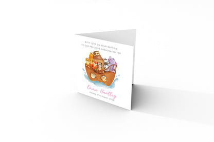Personalised Christening Card for Girl – Custom Baptism Card with Message, Name & Date - Noah’s Ark Design – Religious Baptism Card for Girls, Daughter, Granddaughter, Niece with Pink Envelope