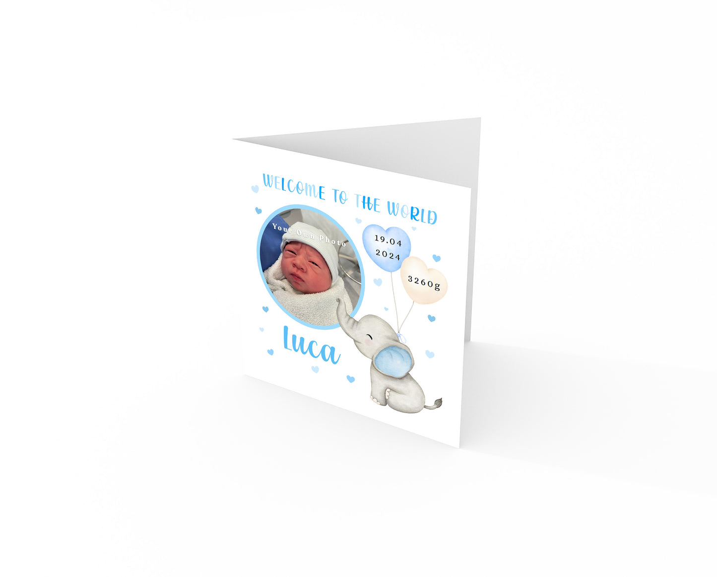 Personalised Photo New Baby Boy Card Congratulations for Newborn Boy, Welcome To The World Card for Son, Grandson, Nephew with Cutstom Photo Frame, Name, Birth Date & Weight with Blue Envelope