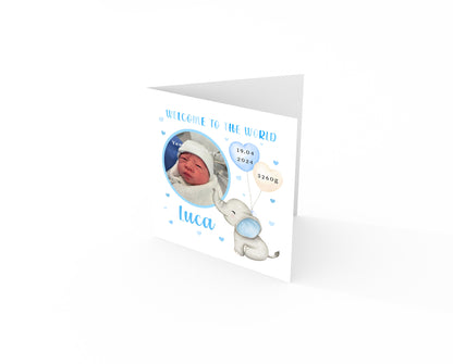 Personalised Photo New Baby Boy Card Congratulations for Newborn Boy, Welcome To The World Card for Son, Grandson, Nephew with Cutstom Photo Frame, Name, Birth Date & Weight with Blue Envelope