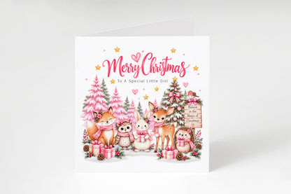 Pink Forest Christmas Card for Girls – Cute Christmas Woodland Animals